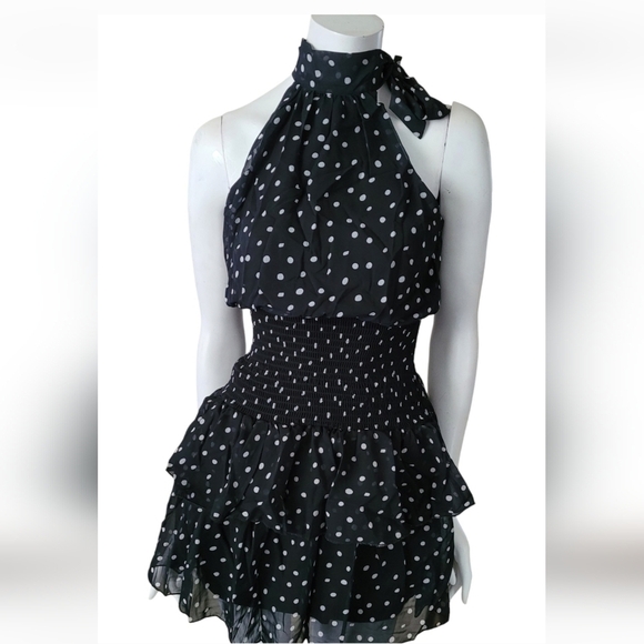 Black Polkadot Halter-Neck Mini Dress - Picture 2 of 11
